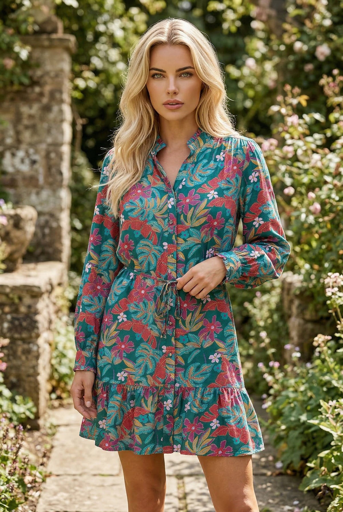 Robe chemise à volants et col en V à fleurs vertes et manches bouffantes