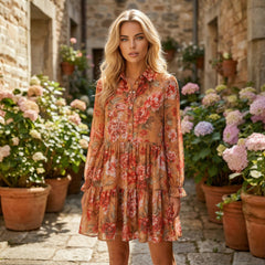 Robe courte à volants et manches longues à imprimé floral vintage marron