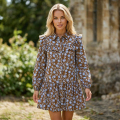 Robe chemise à imprimé floral marron