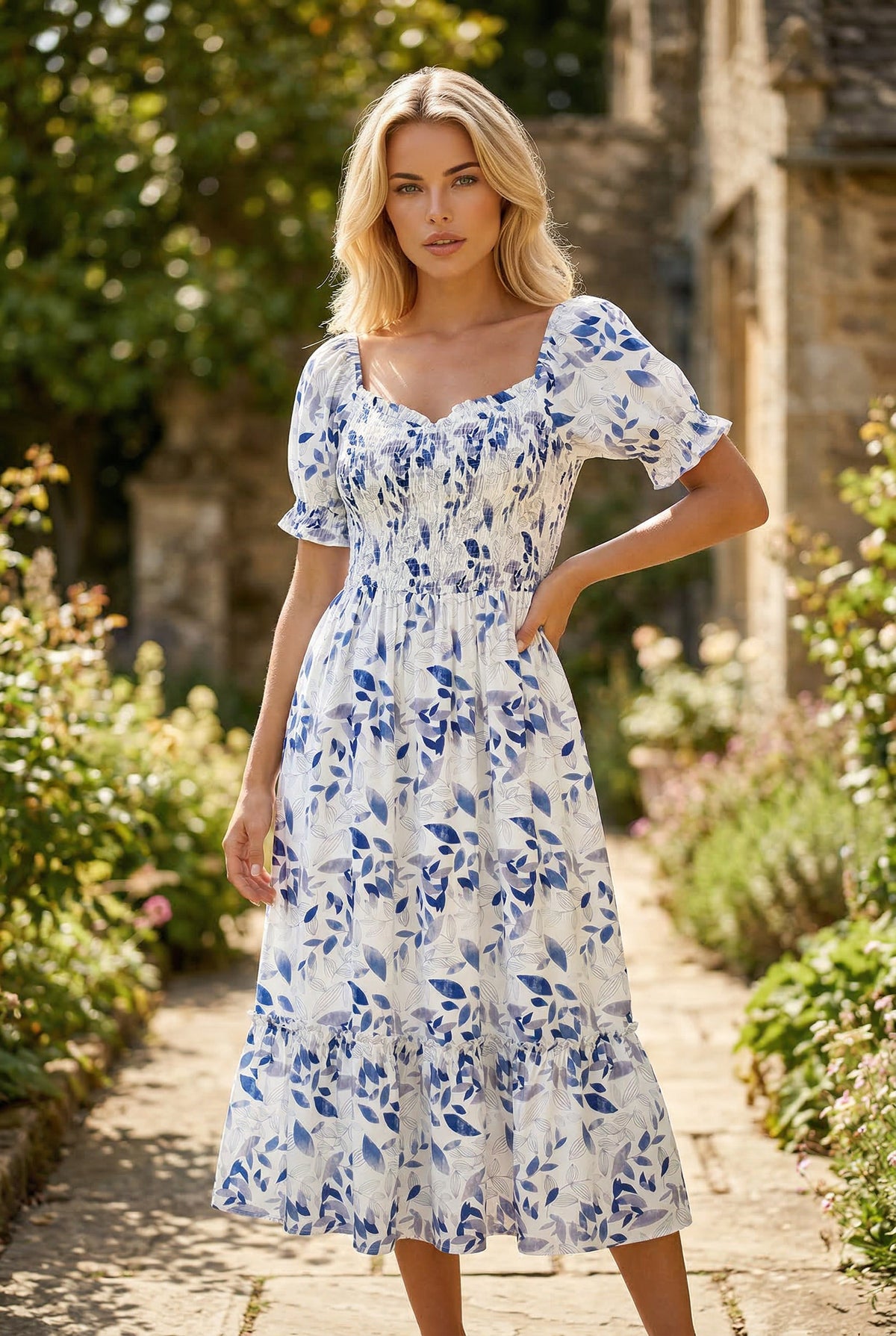 Robe mi-longue à fleurs à volants et manches courtes