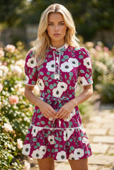Robe courte mini à manches bouffantes et imprimé floral rouge