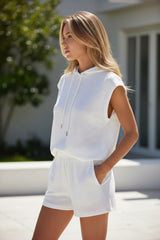 White Textured Cropped Hoodie and Shorts Set