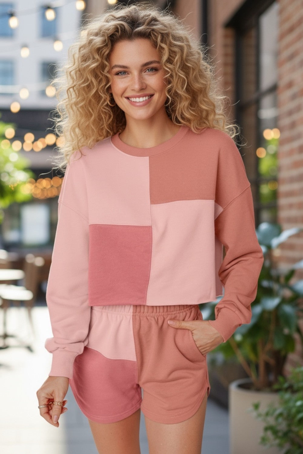 Peach Blossom Color Block Patchwork Long Sleeve Shorts Outfit