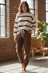 Brown Striped Drop Shoulder Sweater and Jogger Pants Set