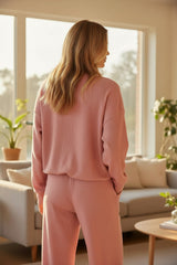 Conjunto de salas de estar en tejidos acanalados con hombros caídos y bolsillos de flor