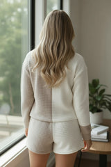 Ensemble court 2 pièces avec haut texturé à manches longues et blocs de couleurs kaki