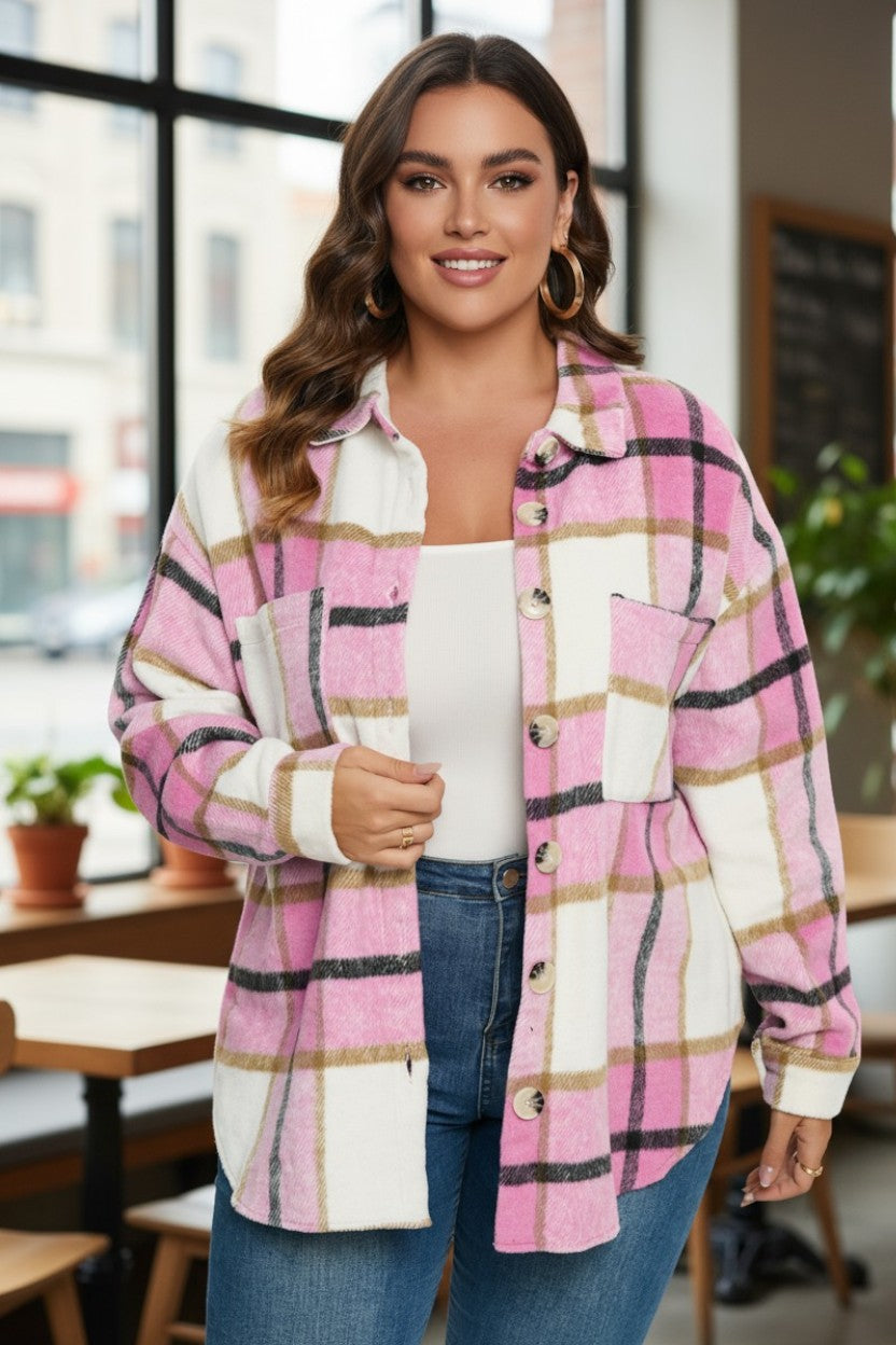 Veste à manches longues boutonnée à carreaux roses avec poche