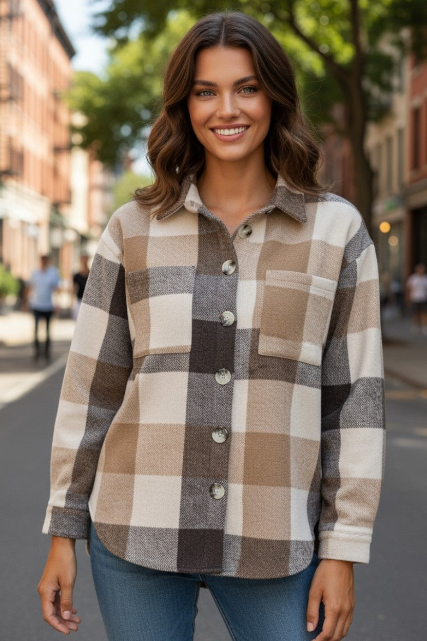Khaki color block plaid button down long sleeve jacket with pocket