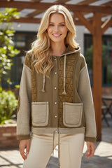 Jungle Green Textured Quilted Loose Fit Hooded Jacket