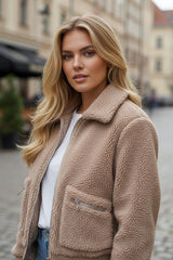 Light beige winter fluffy jacket with pockets and zipper