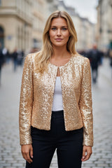 Short jacket open to the front in golden fleece in Sequins