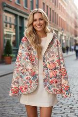 Beige Sherpa Lined Hooded Jacket with Vintage Paisley Floral Print