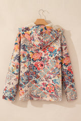 Beige Sherpa Lined Hooded Jacket with Vintage Paisley Floral Print
