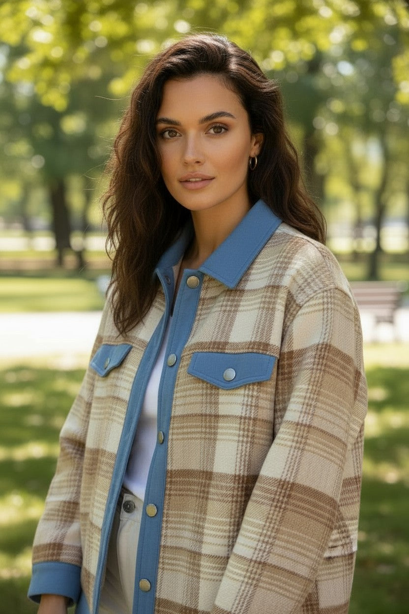 Light French beige tile buttoned jacket with flap and detail