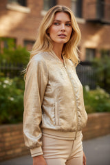 Metallic Pale Khaki Zip-Up Baseball Jacket