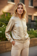 Metallic Pale Khaki Zip-Up Baseball Jacket