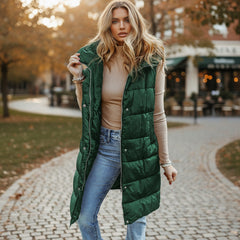 Long -hooded quilted vest coat with green hood