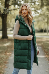 Long -hooded quilted vest coat with green hood