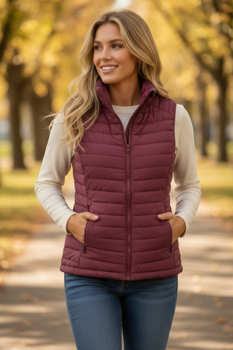 Doudoune matelassée zippée à col en peluche bordeaux