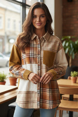 Orange plaid patchwork shirt jacket with pocket