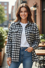 Black Plaid Print Buttoned Tunic Jacket with Chest Pockets