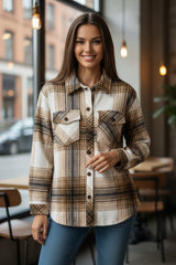 Buttoned jacket with flap pocket and multi-colored plaid print