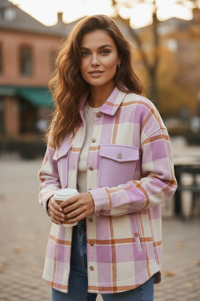 Brushed Plaid Jacket with Purple Corduroy Pockets