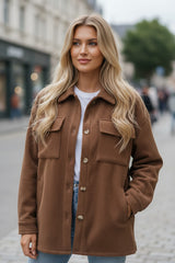 Veste à manches longues boutonnée en velours côtelé de couleur unie kaki foncé