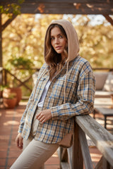 Ashleigh - Blue Waffle Knit Patchwork Hooded Plaid Jacket