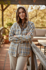 Ashleigh - Blue Waffle Knit Patchwork Hooded Plaid Jacket