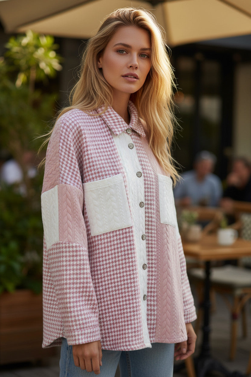 Pink Houndstooth Color Contrast Textured Patchwork Loose Jacket