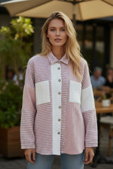 Pink Houndstooth Color Contrast Textured Patchwork Loose Jacket