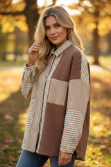 Khaki Houndstooth Color Contrast Textured Patchwork Loose Jacket