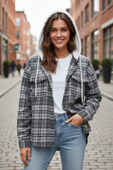 Loose-fitting jacket with contrasting hood and flap pockets in black plaid print