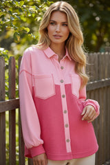 Veste ample boutonnée en tricot gaufré contrasté bicolore à fleurs de pêcher