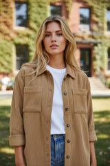 Light French Beige Buttoned Corduroy Jacket with Patch Pocket