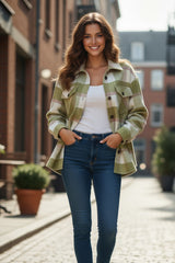 Sage Green Plaid Baggy Shacket with Buttoned Flap Pockets