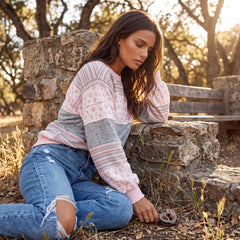 Sweat-shirt rose patchwork à fleurs, rayures et pois