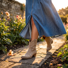 Robe midi en jean bleu à taille smockée et fermeture zippée