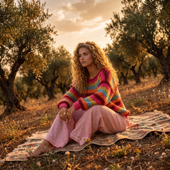 Pull oversize multicolore à rayures et maille ajourée