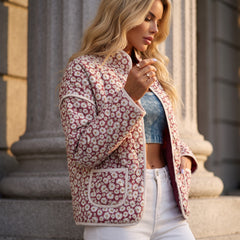 Rose -collar pink jacket with contrasting pockets and edges with floral print