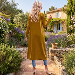 Long feather open in yellow velvet with pockets on the front
