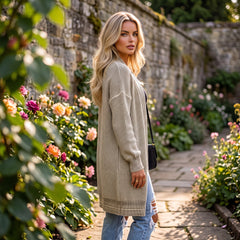 Grey Plaid Knitted Long Open Front Cardigan