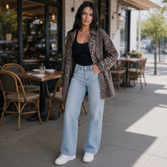 Veste en jean marron oversize léopard en coton à poches poitrine