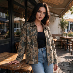 Veste en jean camouflage zippée à col en velours côtelé