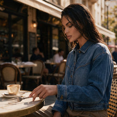 Veste en jean bleu délavé à col V style western