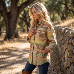 Yellow jacket with buttoned flap pocket and western Aztec print