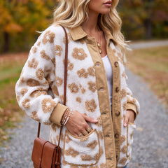Fleece jacket buttoned with cute light beige light flowers light