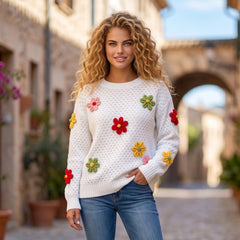 Pull blanc en maille texturée à fleurs colorées en applique
