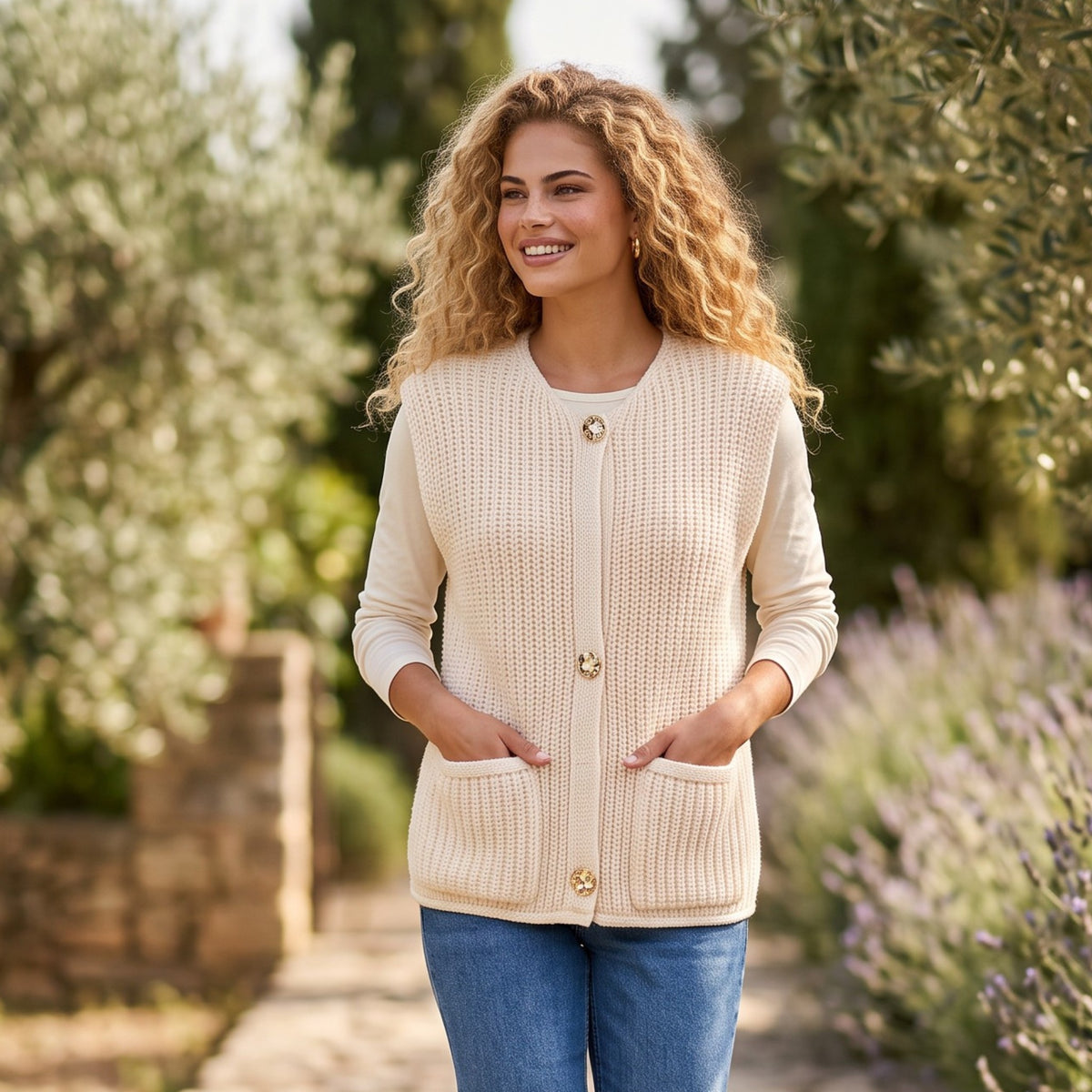 Gilet blanc sans manches boutonné à poches